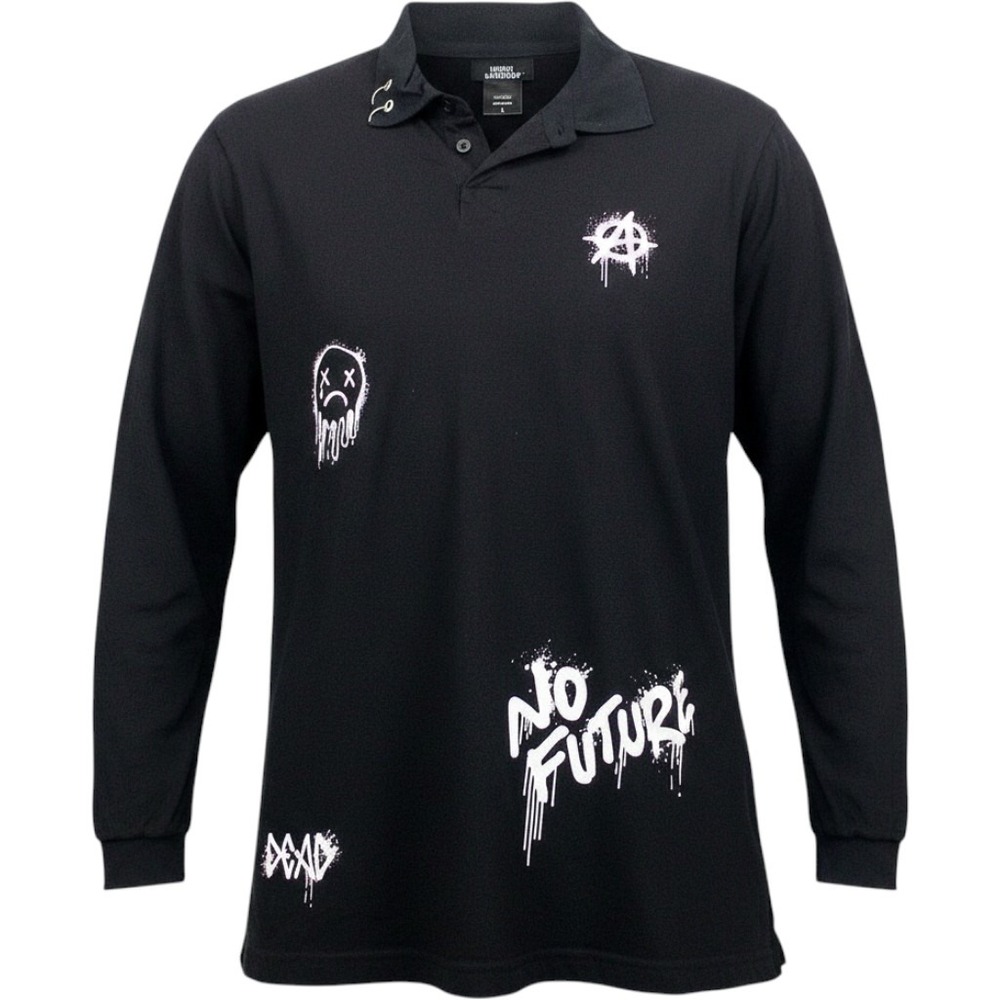 Social Collision Mens Black Punk Graffiti Long Sleeve Polo Shirt Large No Future